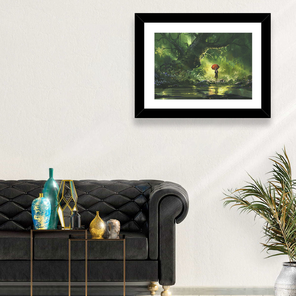 Girl with Umbrella in Mysterious Forest Wall Art