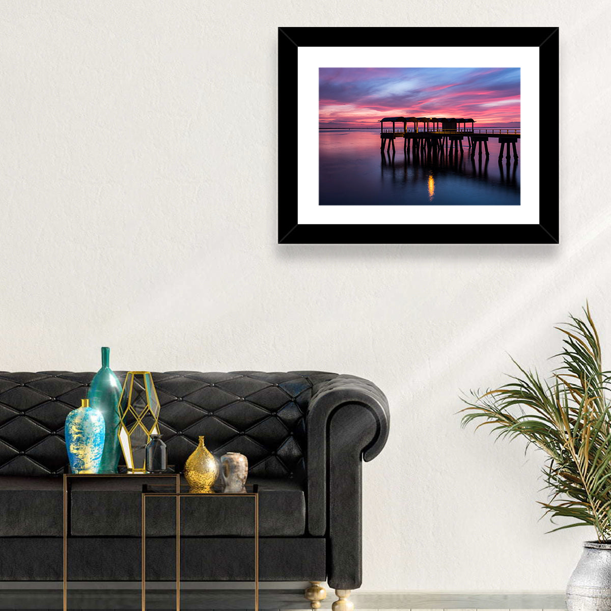 Jekyll Island Dusk Pier Wall Art in a room, landscape