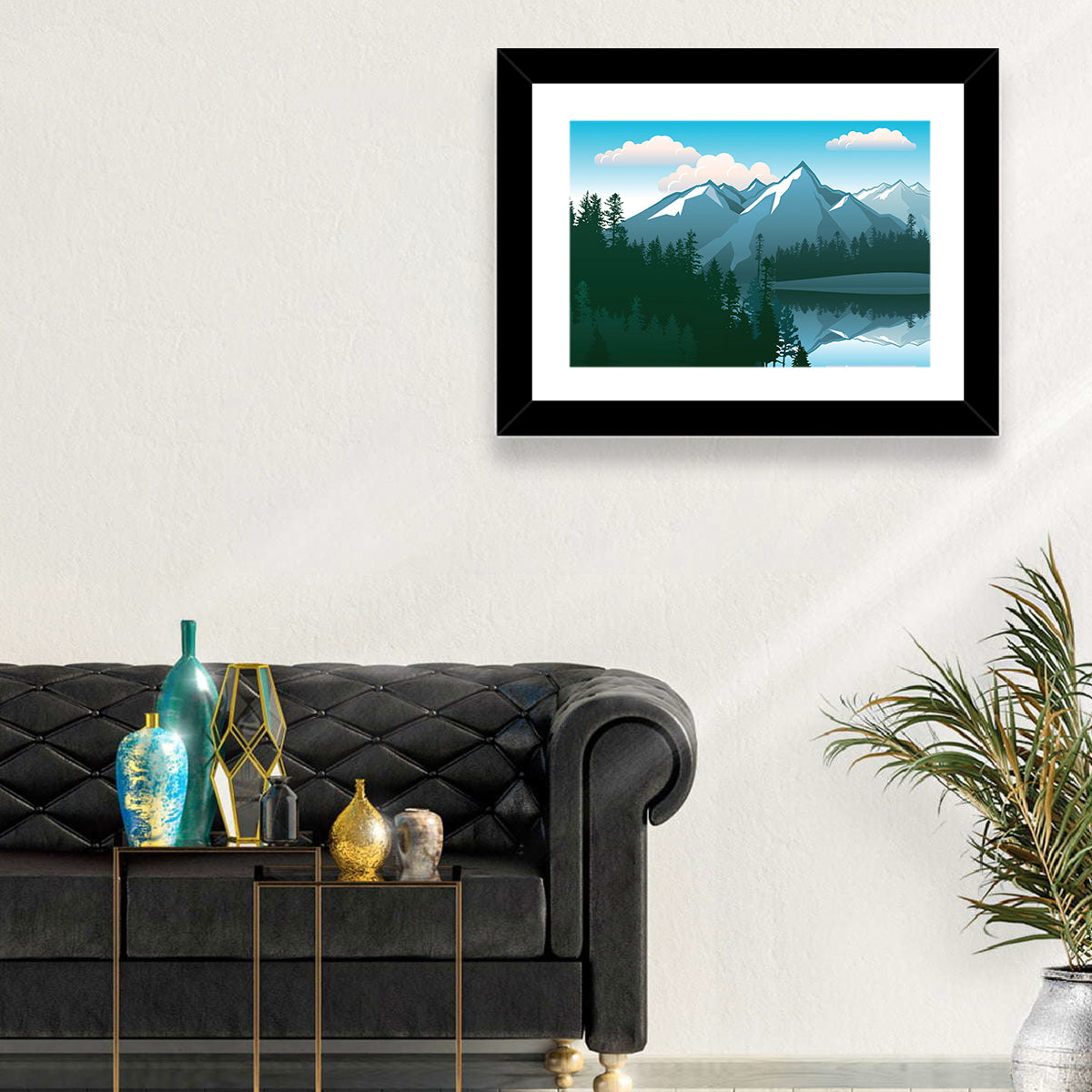 Tranquil Mountain Lake Illustration Wall Art in a room, landscape
