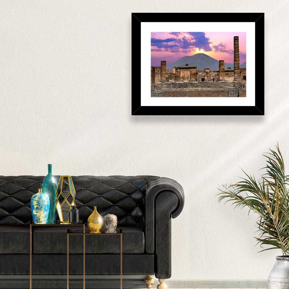 Pompeii Columns at Sunset, Mount Vesuvius Wall Art in a room, landscape