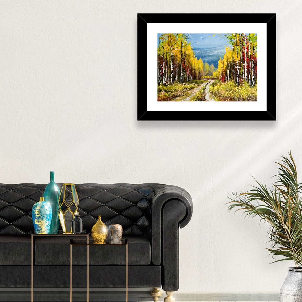 Autumn Birch Path with Two Birds Wall Art