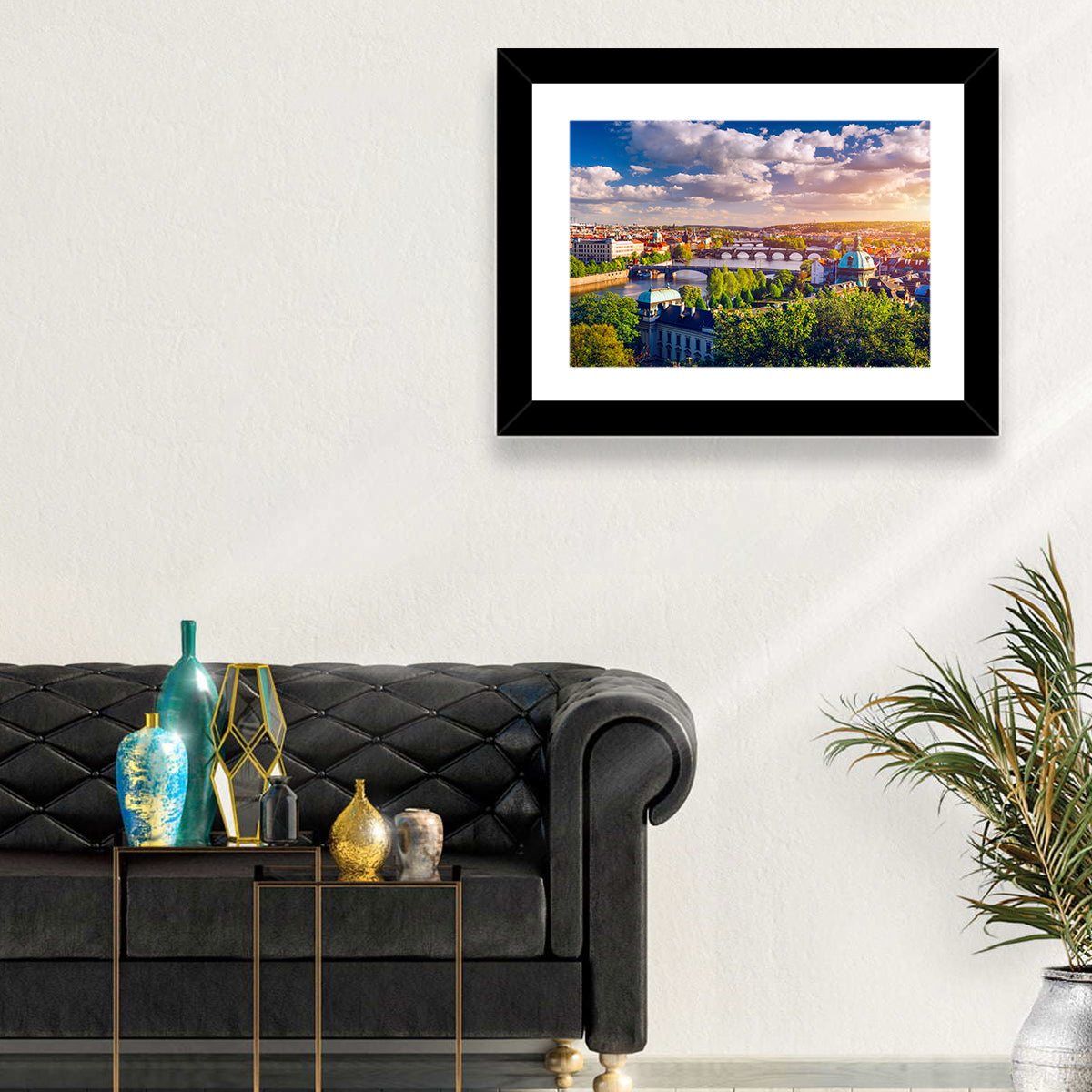 Prague Golden Hour Over Charles Bridge Wall Art in a room, landscape
