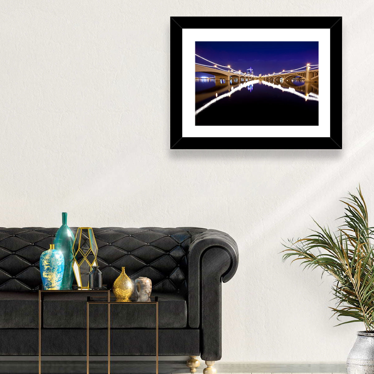 Mill Avenue Bridge Night Reflections Wall Art in a room, landscape