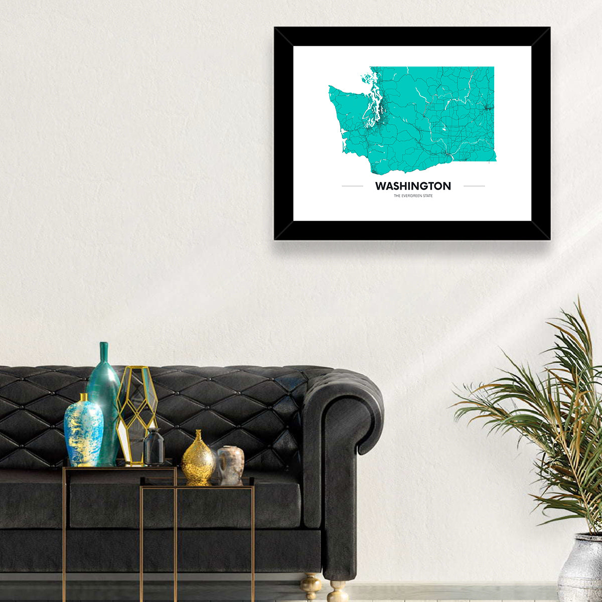 Washington State Minimalist Map Wall Art in a room, landscape