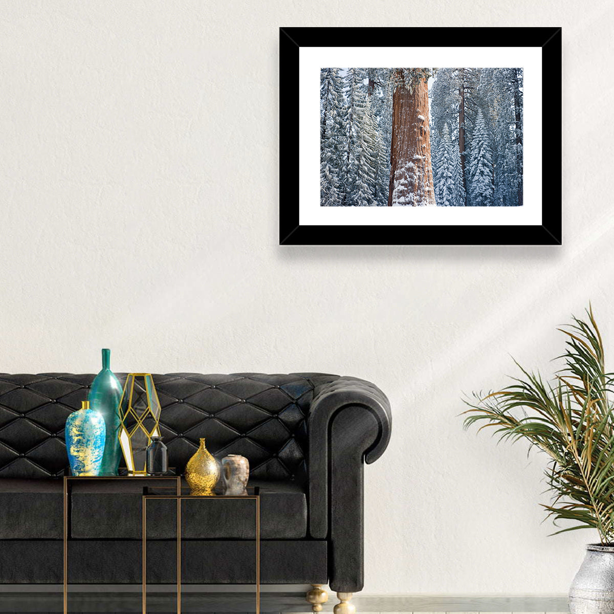 Winter Giant Sequoia in Snowy Forest Wall Art in a room, landscape