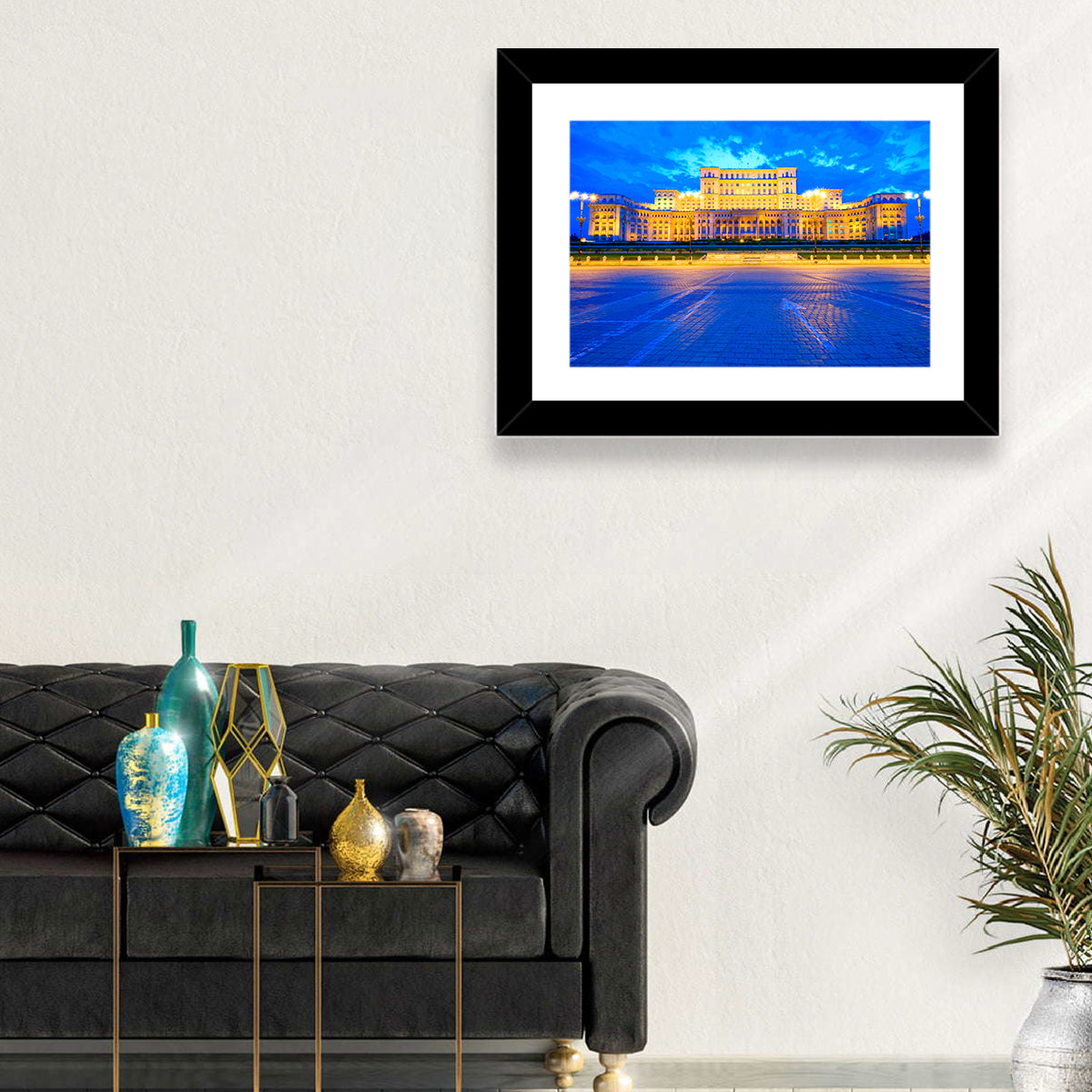 Palace of the Parliament at Twilight Wall Art in a room, landscape