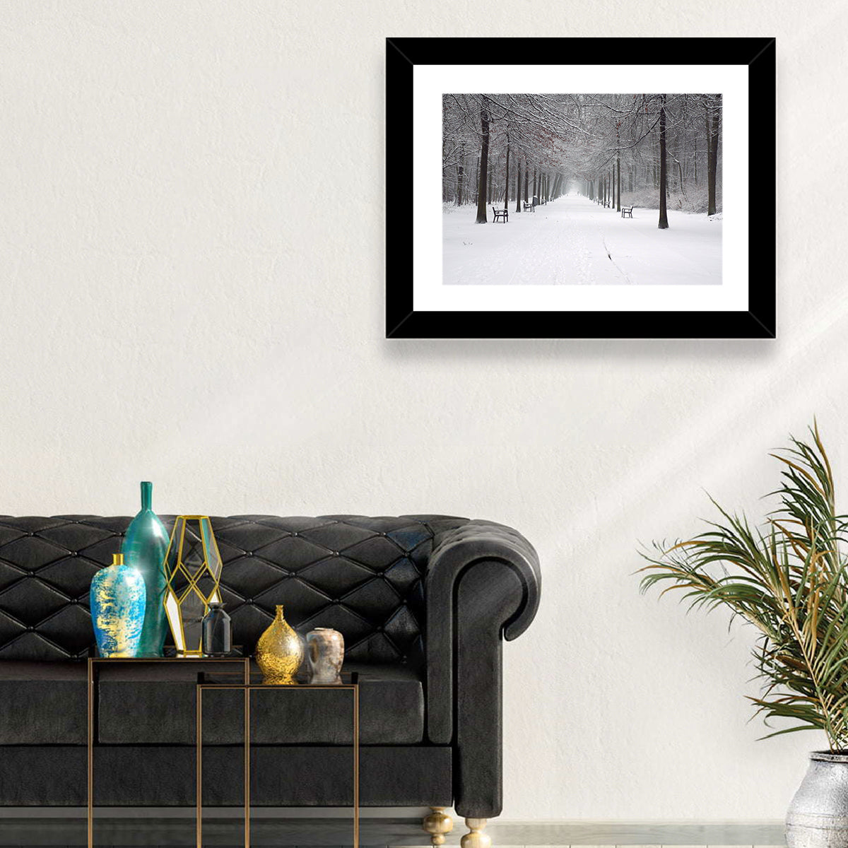 Snow Covered Park Lane Wall Art in a room, landscape