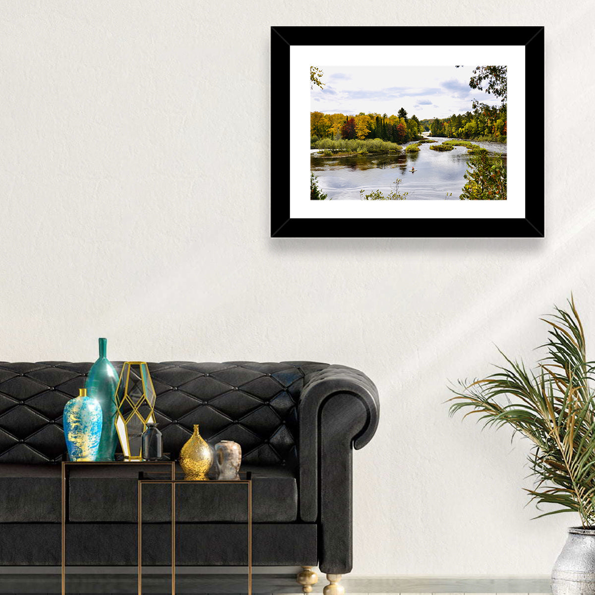Tahquamenon River Autumn Scene Wall Art in a room, landscape
