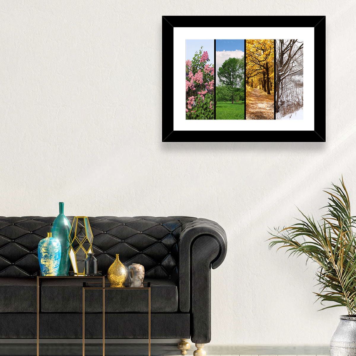 Four Seasons Tree Collage Wall Art in a room, landscape