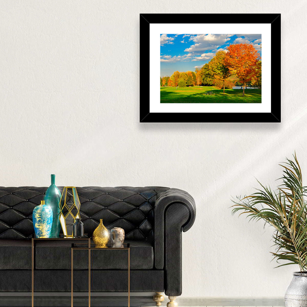 Autumn Trees and Lakeside Lawn Wall Art in a room, landscape
