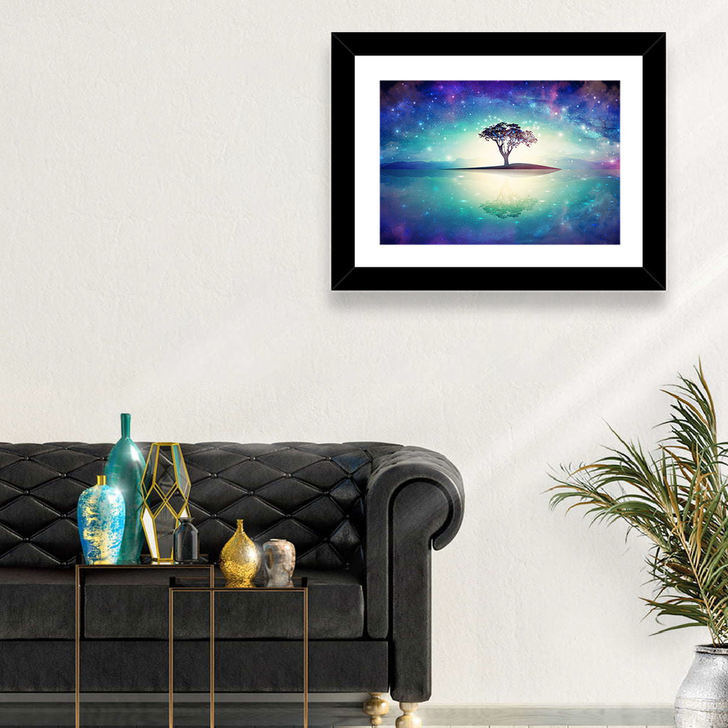 Glowing Island Tree Under Starry Nebula Wall Art