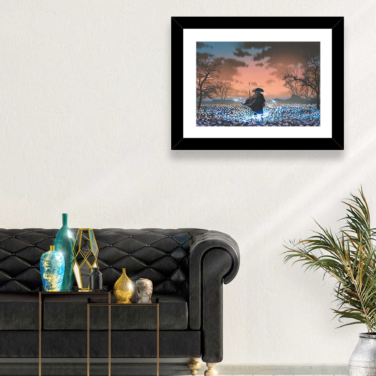 Straw Hat Samurai at Dusk Wall Art in a room, landscape