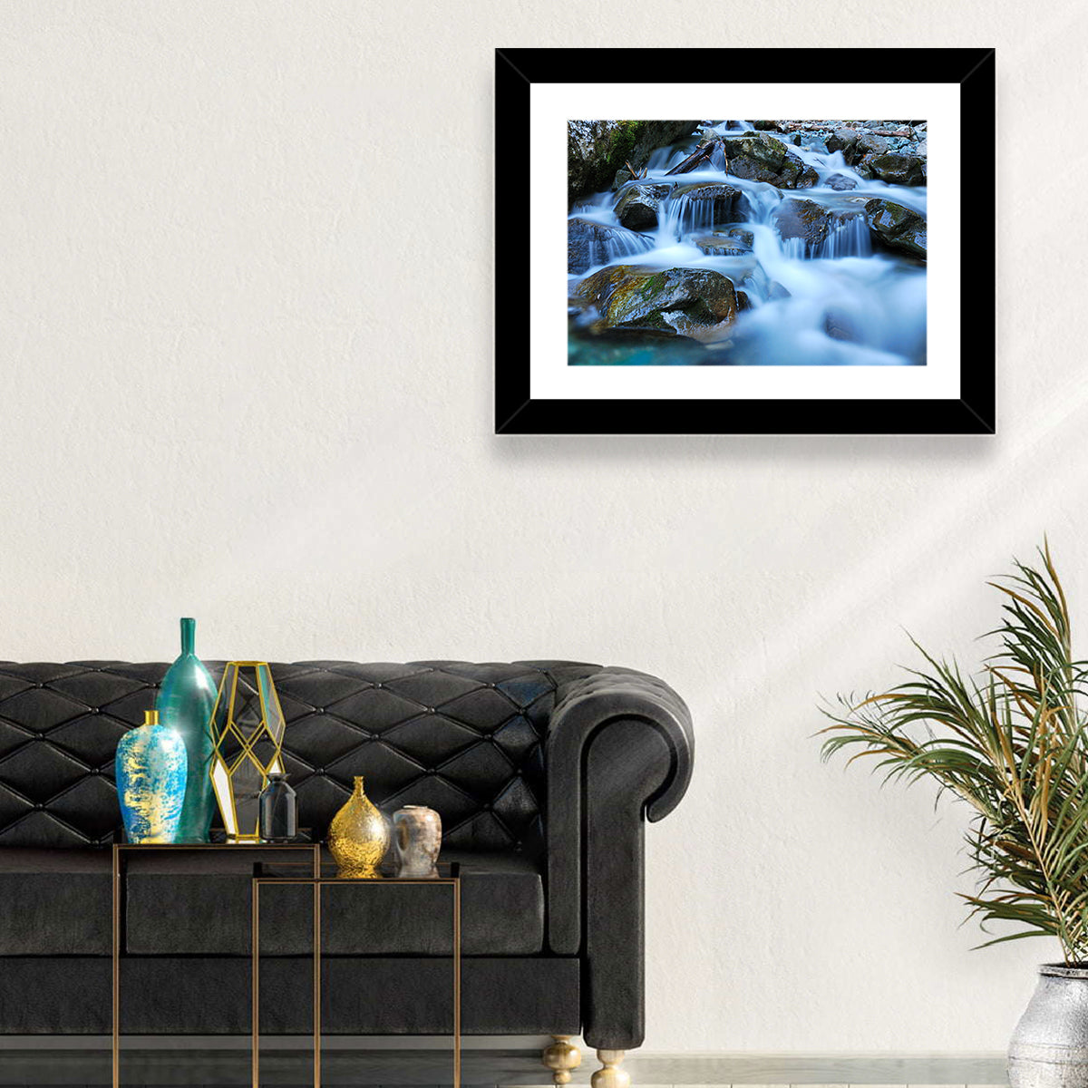 Mossy Rock Stream with Silky Waterfall Wall Art in a room, landscape