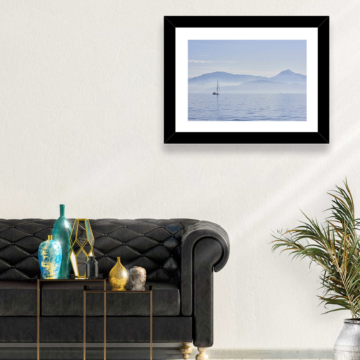 Sailboat and Misty Mountains Wall Art in a room, landscape
