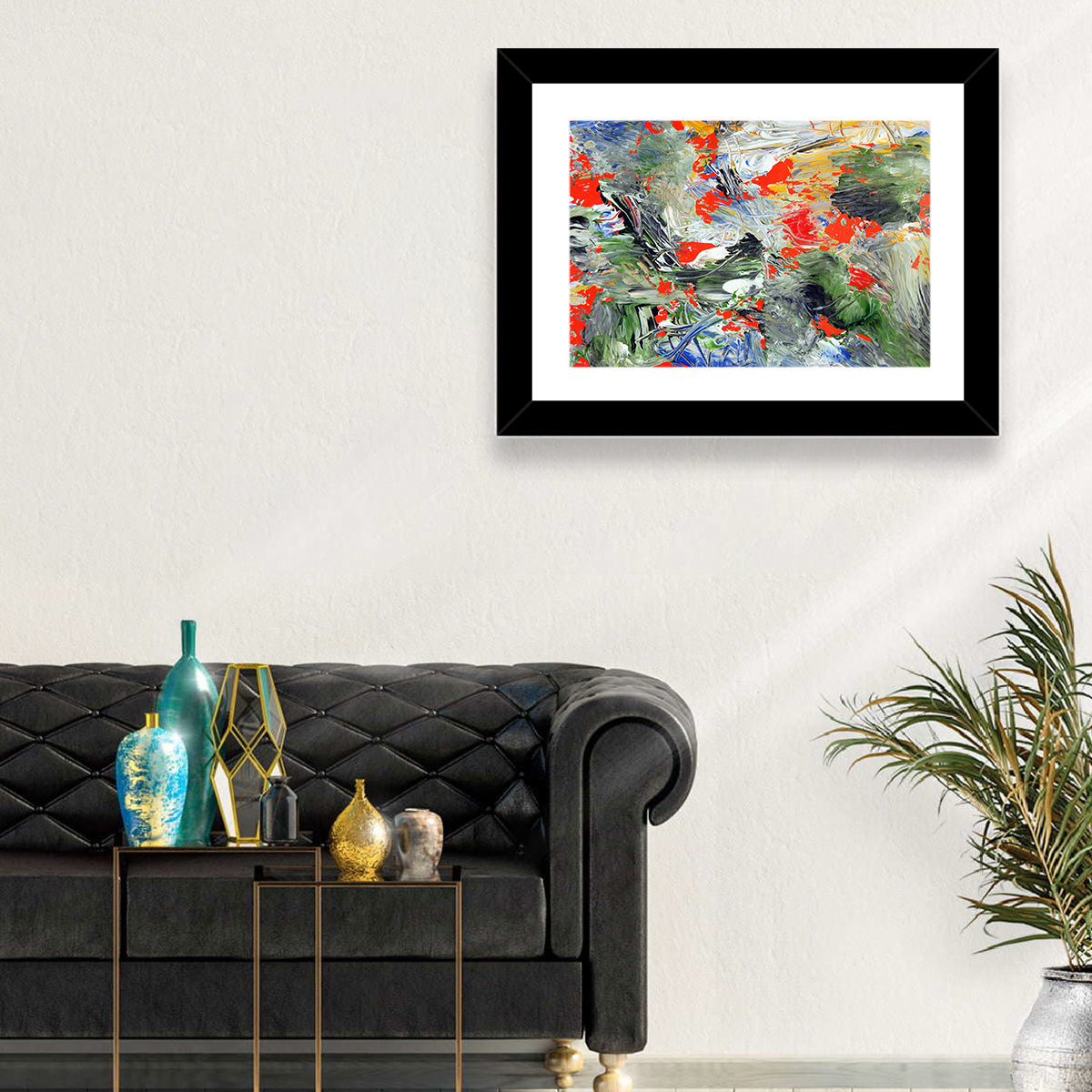 Melting Green Impasto Abstract Wall Art in a room, landscape