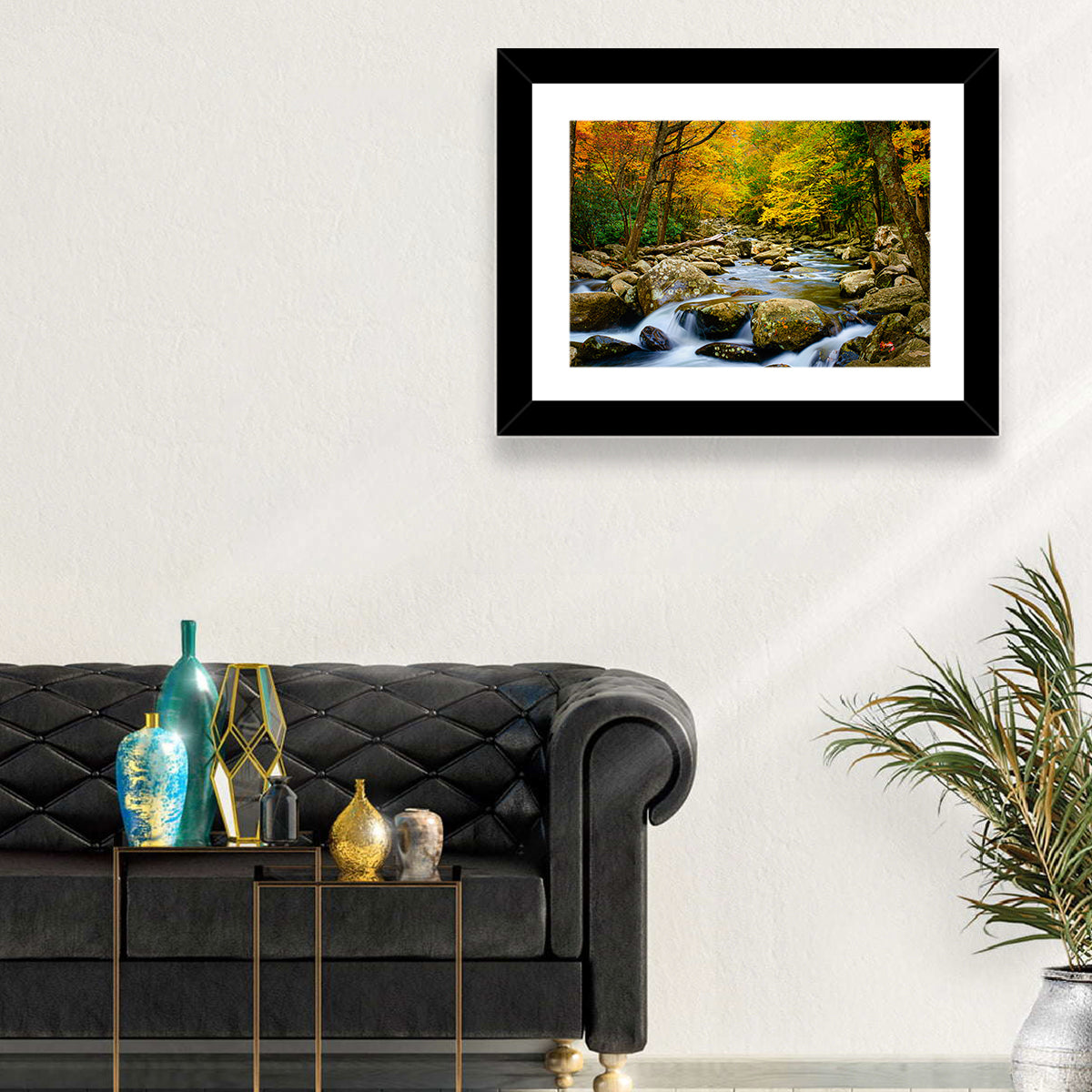 Autumn Stream Through Forest Wall Art in a room, landscape