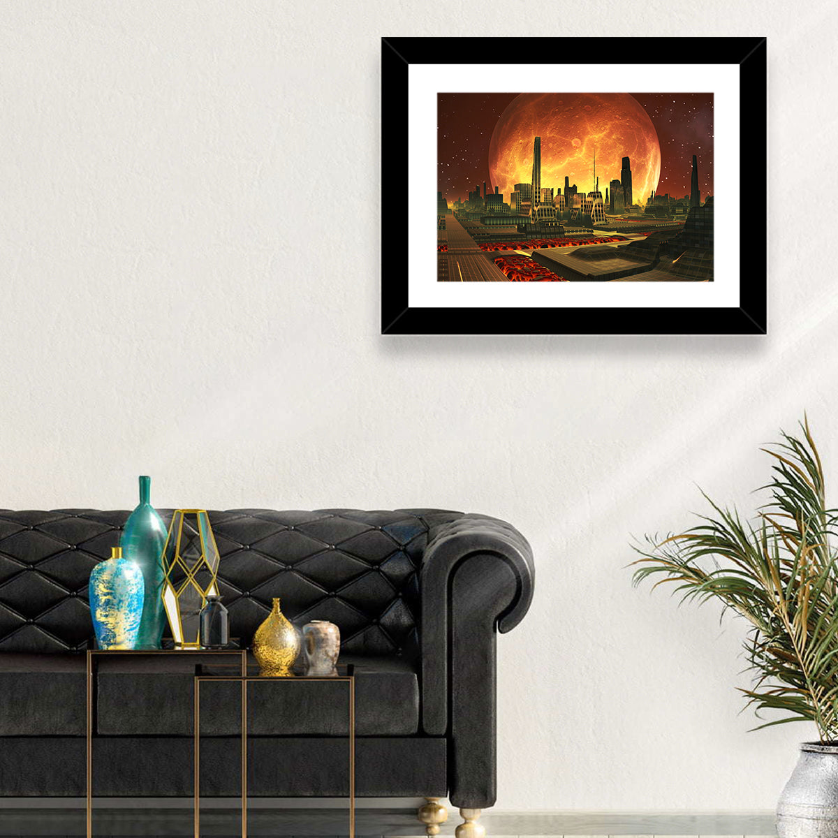 Molten Lunar Cityscape Wall Art in a room, landscape