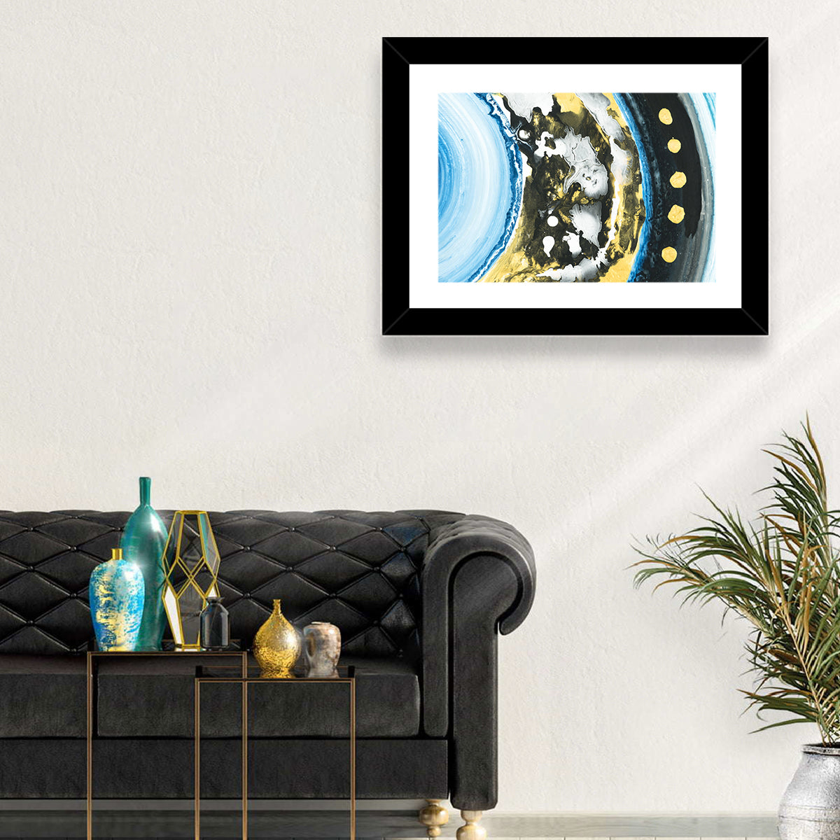 Planet Rings in Blue and Gold Wall Art in a room, landscape