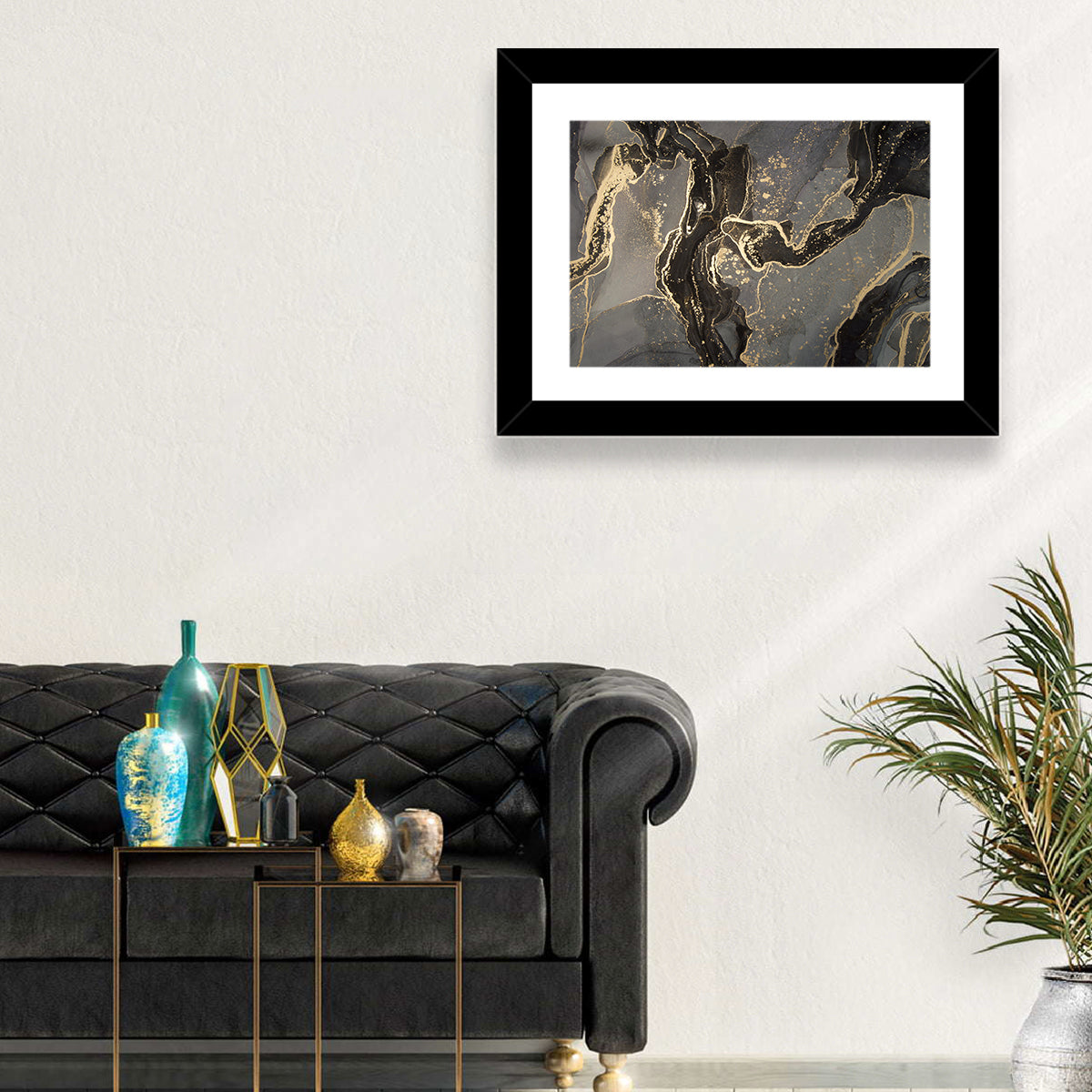 Black and Gold Marbled Abstract Wall Art in a room, landscape