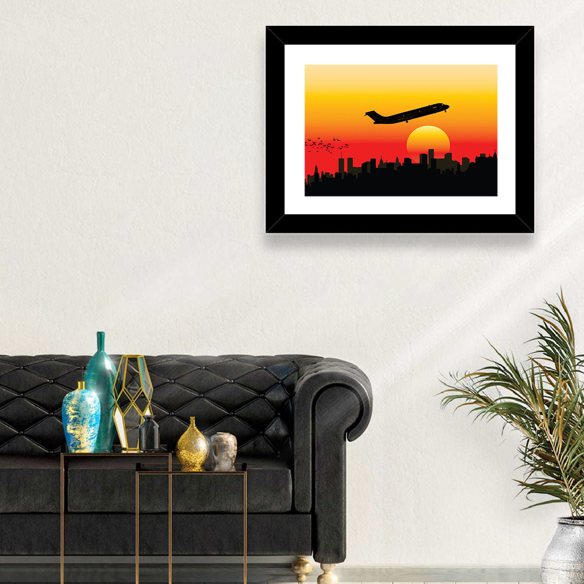 Airplane Over Sunset Skyline Wall Art in a room, landscape