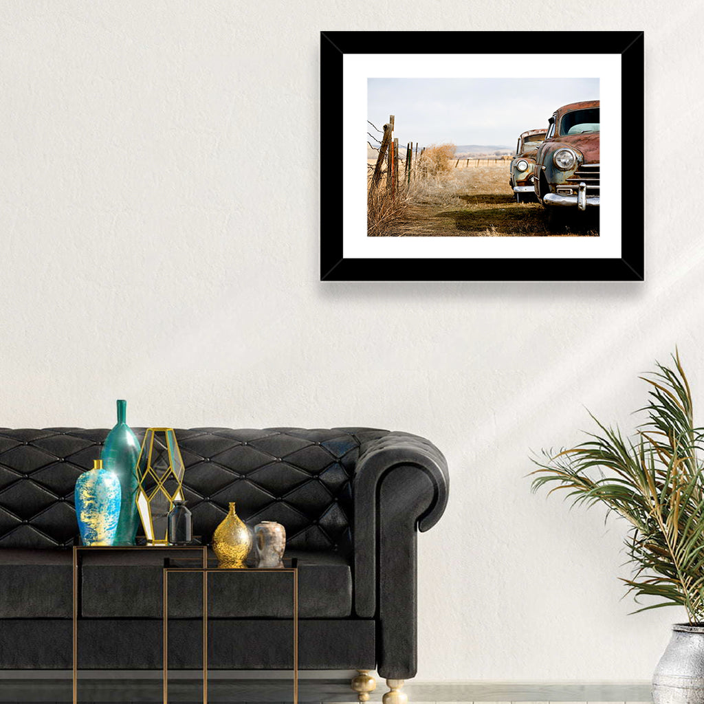 Abandoned Rusty Vintage Cars Behind Barbed Wire Wall Art