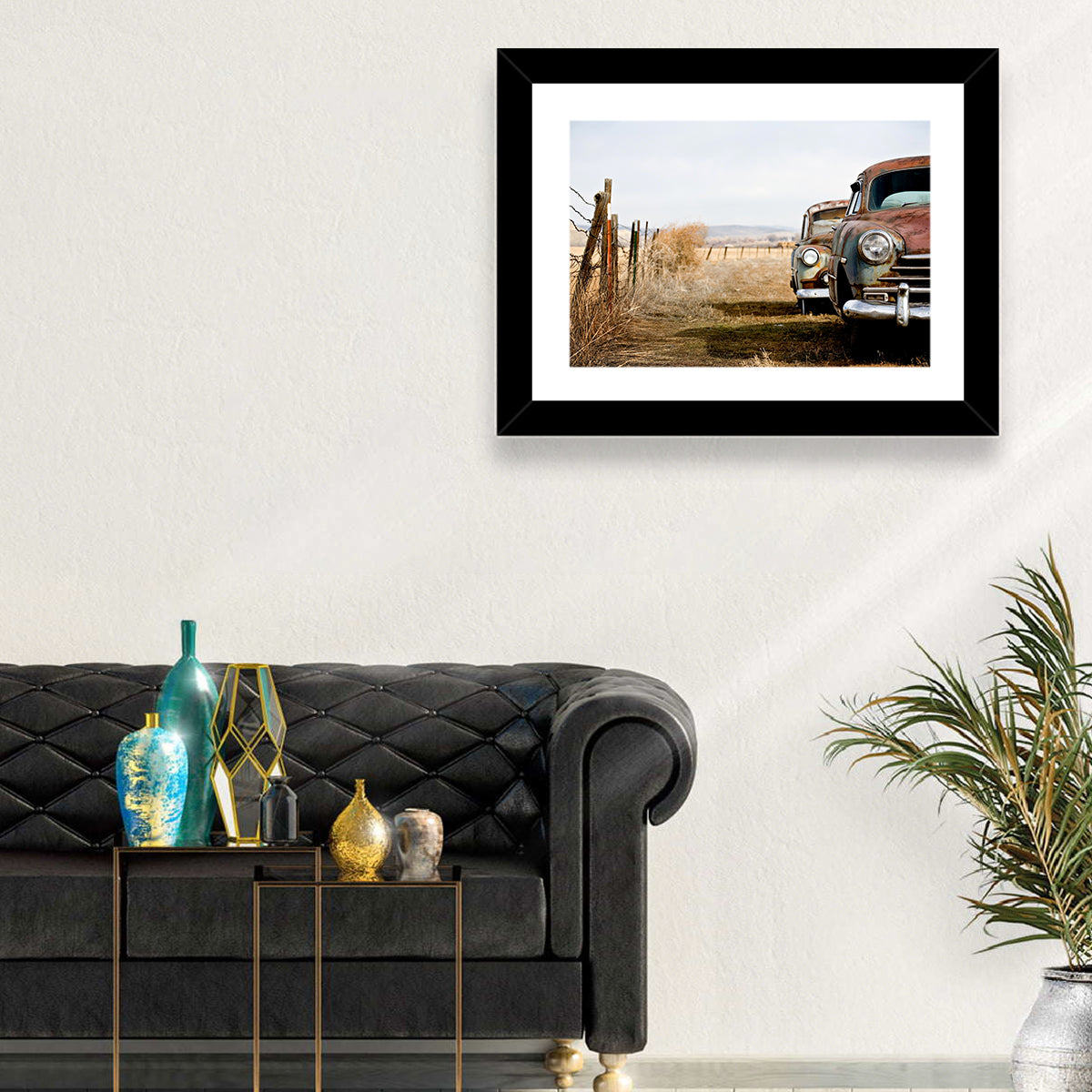 Abandoned Rusty Vintage Cars Behind Barbed Wire Wall Art