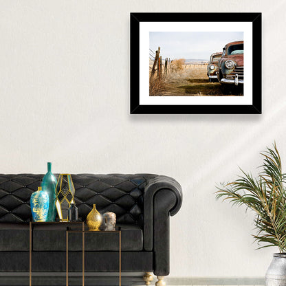 Abandoned Rusty Vintage Cars Behind Barbed Wire Wall Art