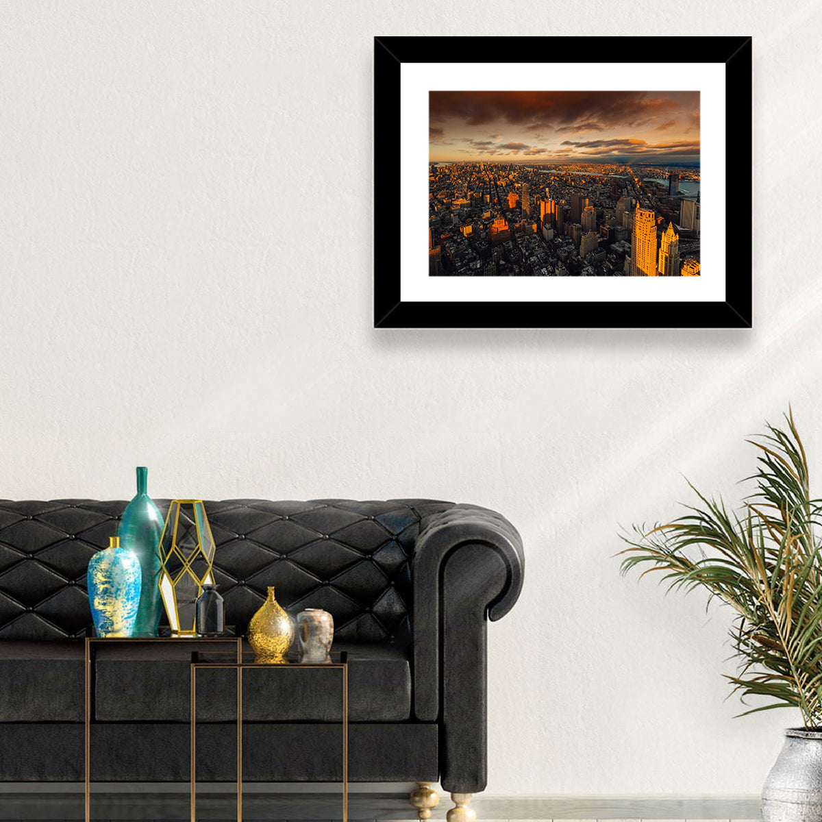 South Manhattan Sunset Skyline Wall Art in a room, landscape
