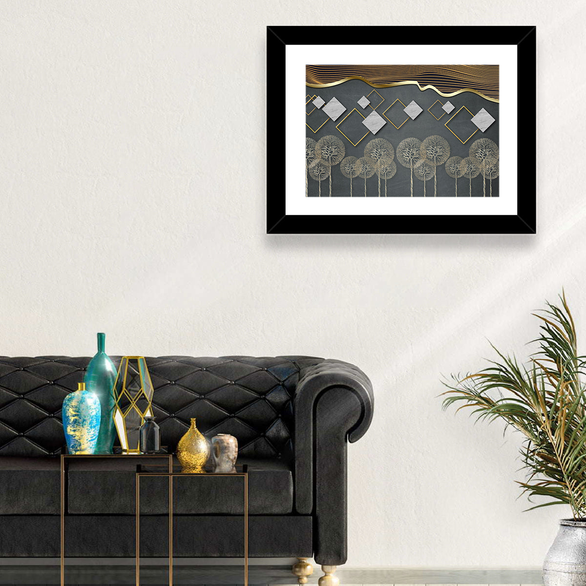Gray and Gold Dandelion Wall Art in a room, landscape