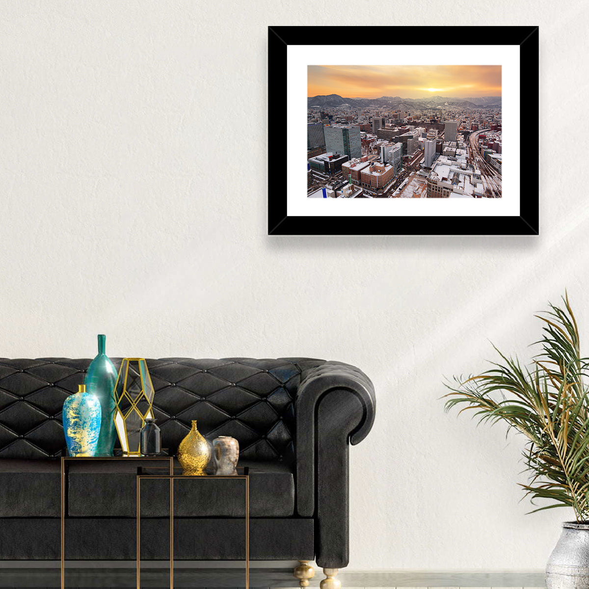 Sapporo Station Skyline at Golden Hour Wall Art in a room, landscape