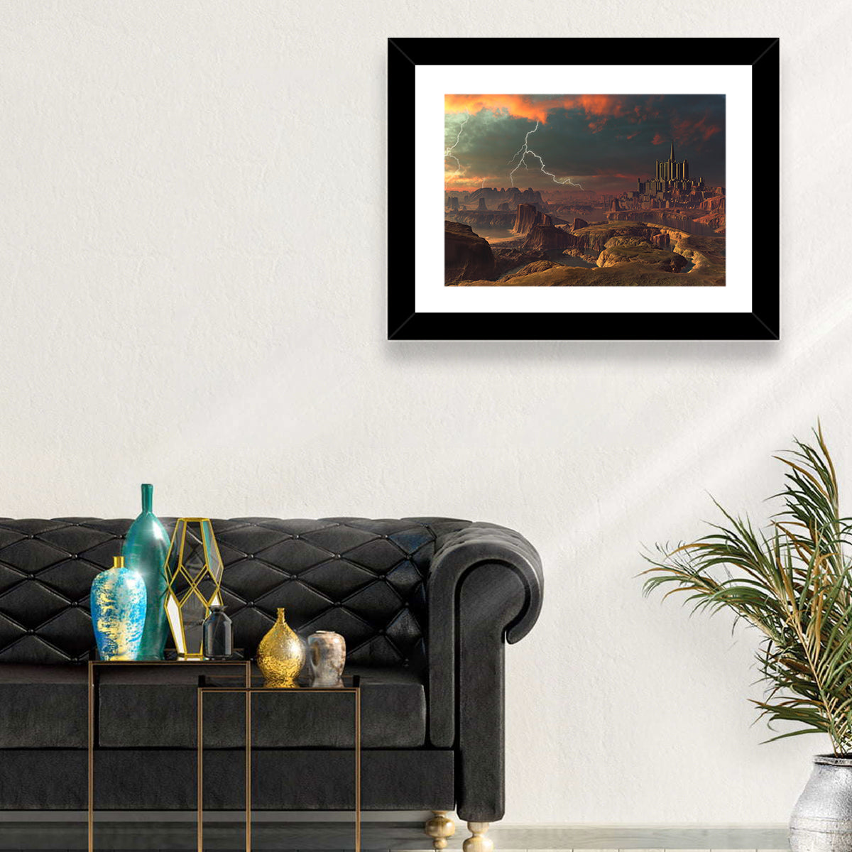 Dusk Storm Over Alien Fortress Wall Art in a room, landscape