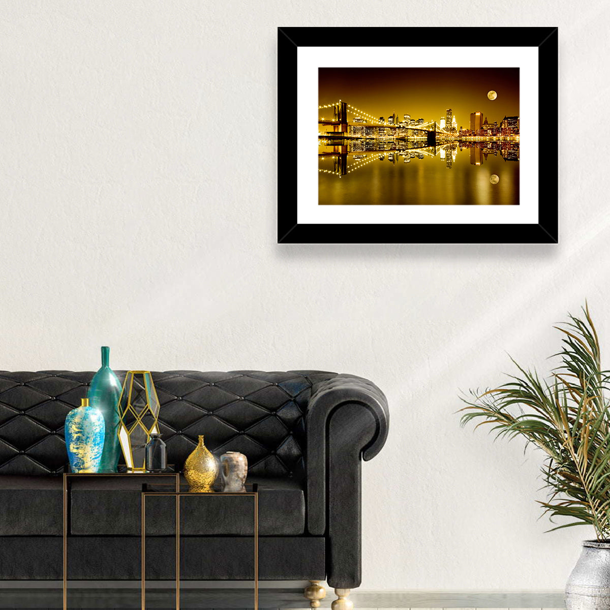 Brooklyn Bridge Moonlit Reflection Wall Art in a room, landscape