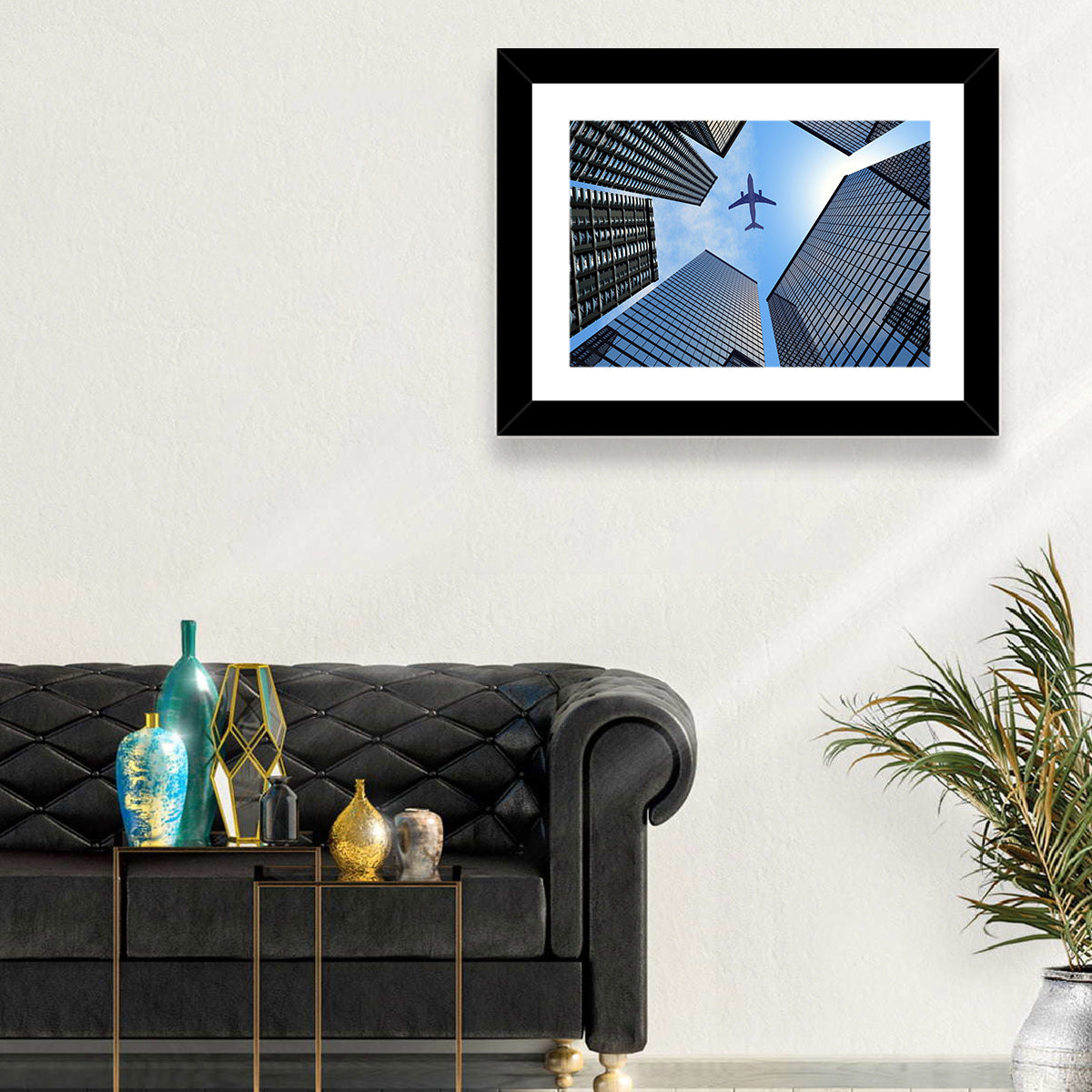 Airplane Above Skyscrapers Wall Art in a room, landscape