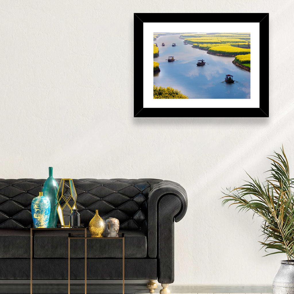 Spring River Rowboats in Rapeseed Fields Wall Art