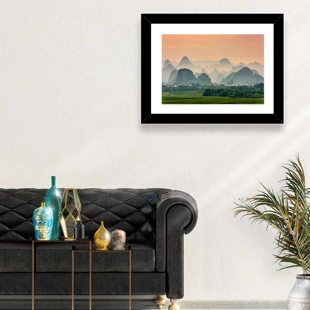 Misty Karst Mountains Wall Art in a room, landscape