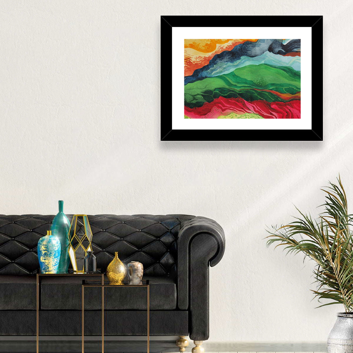 River Through Abstract Mountains Wall Art in a room, landscape