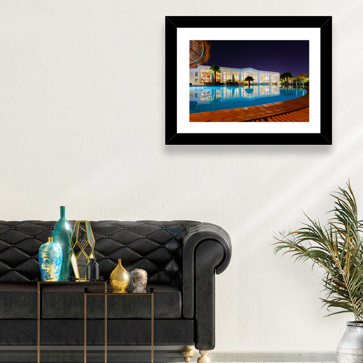 Moonlit Resort Pool Reflection Wall Art in a room, landscape