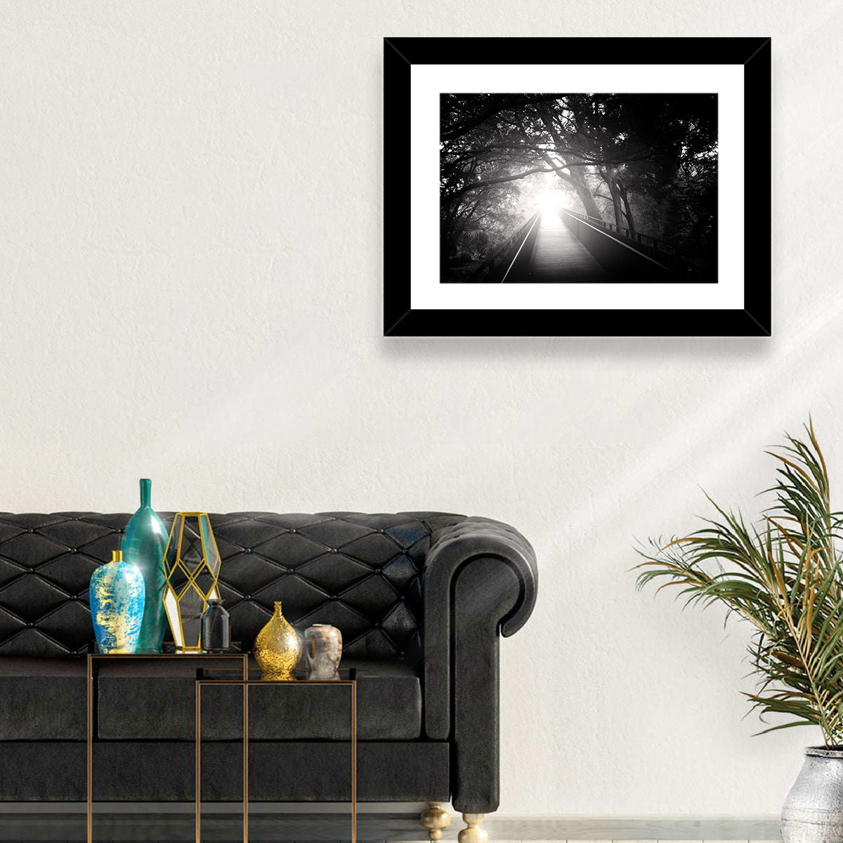 Foggy Forest Bridge Wall Art in a room, landscape