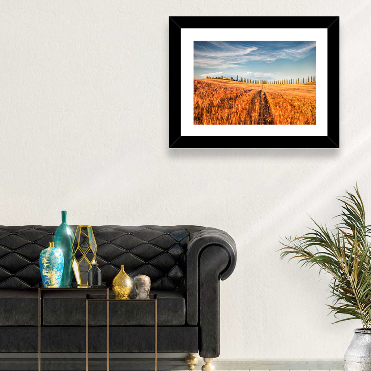 Tuscan Wheat Field Wall Art in a room, landscape