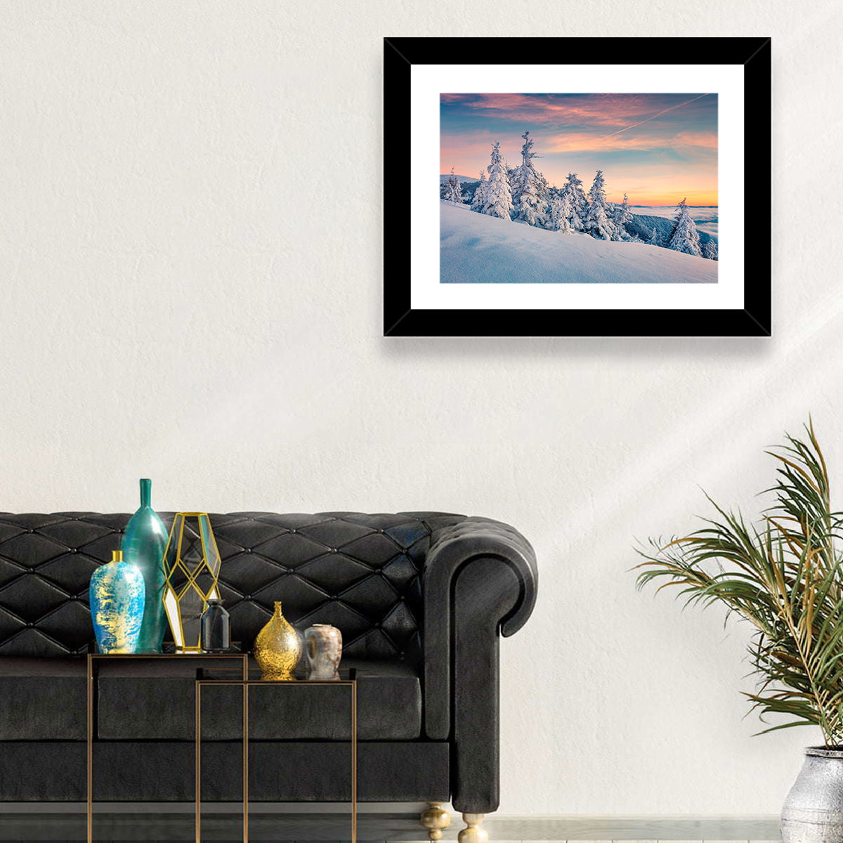 Snowy Carpathian Sunset Wall Art in a room, landscape