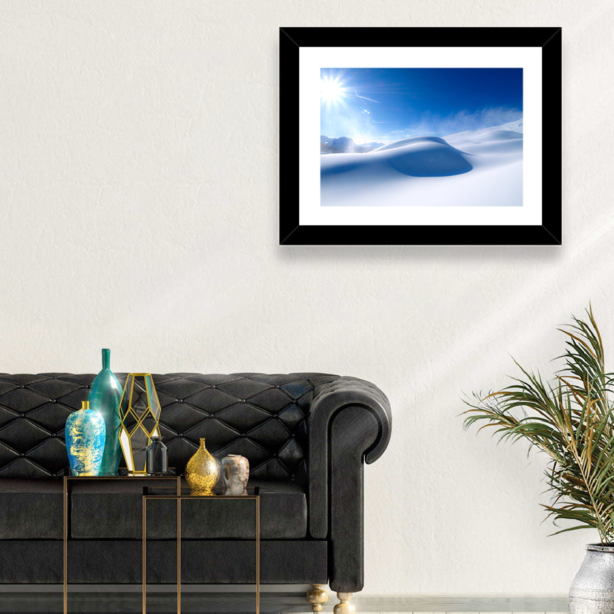 Sunlit Snow Dune Under Blue Sky Wall Art in a room, landscape