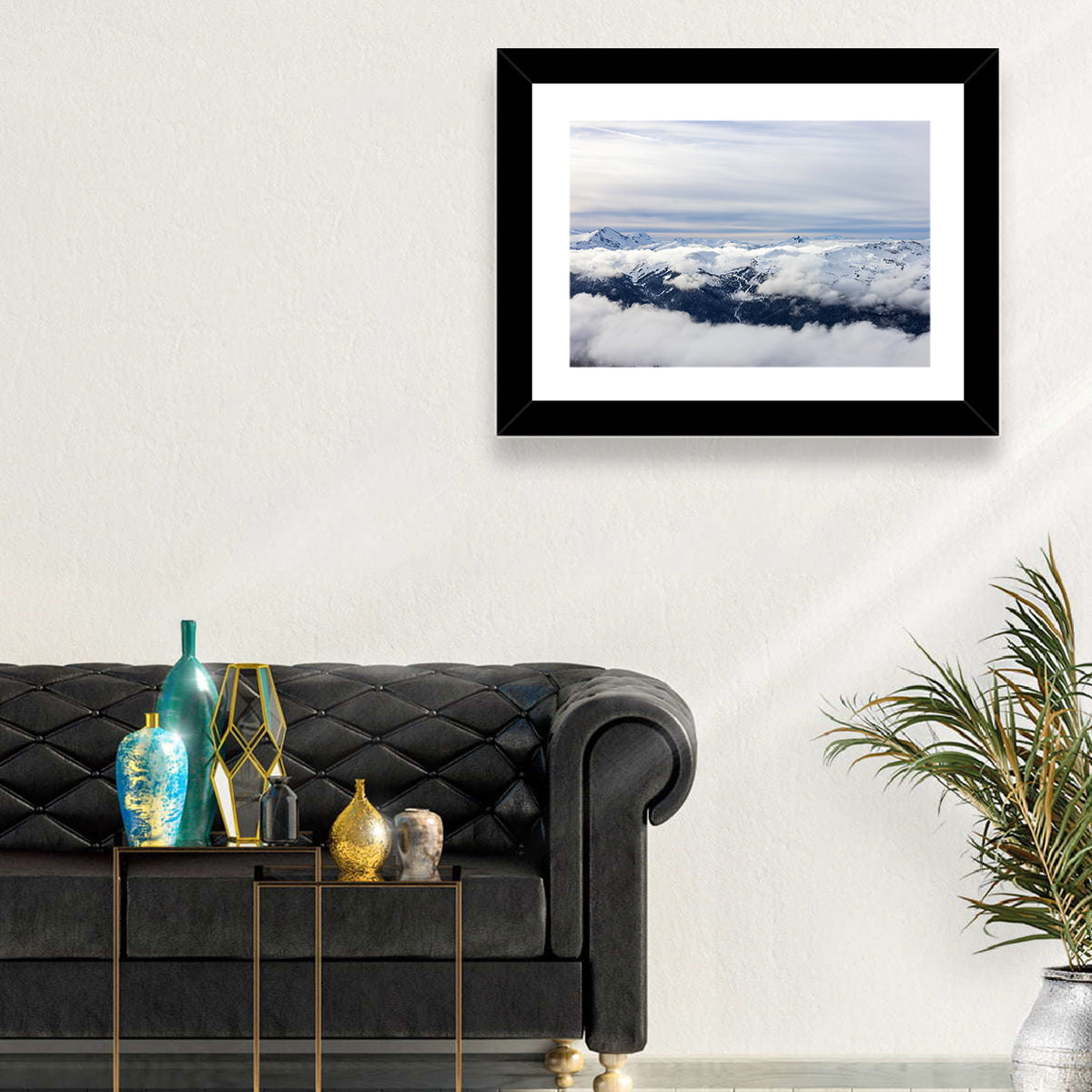 Snow-capped Whistler Peaks Wall Art in a room, landscape