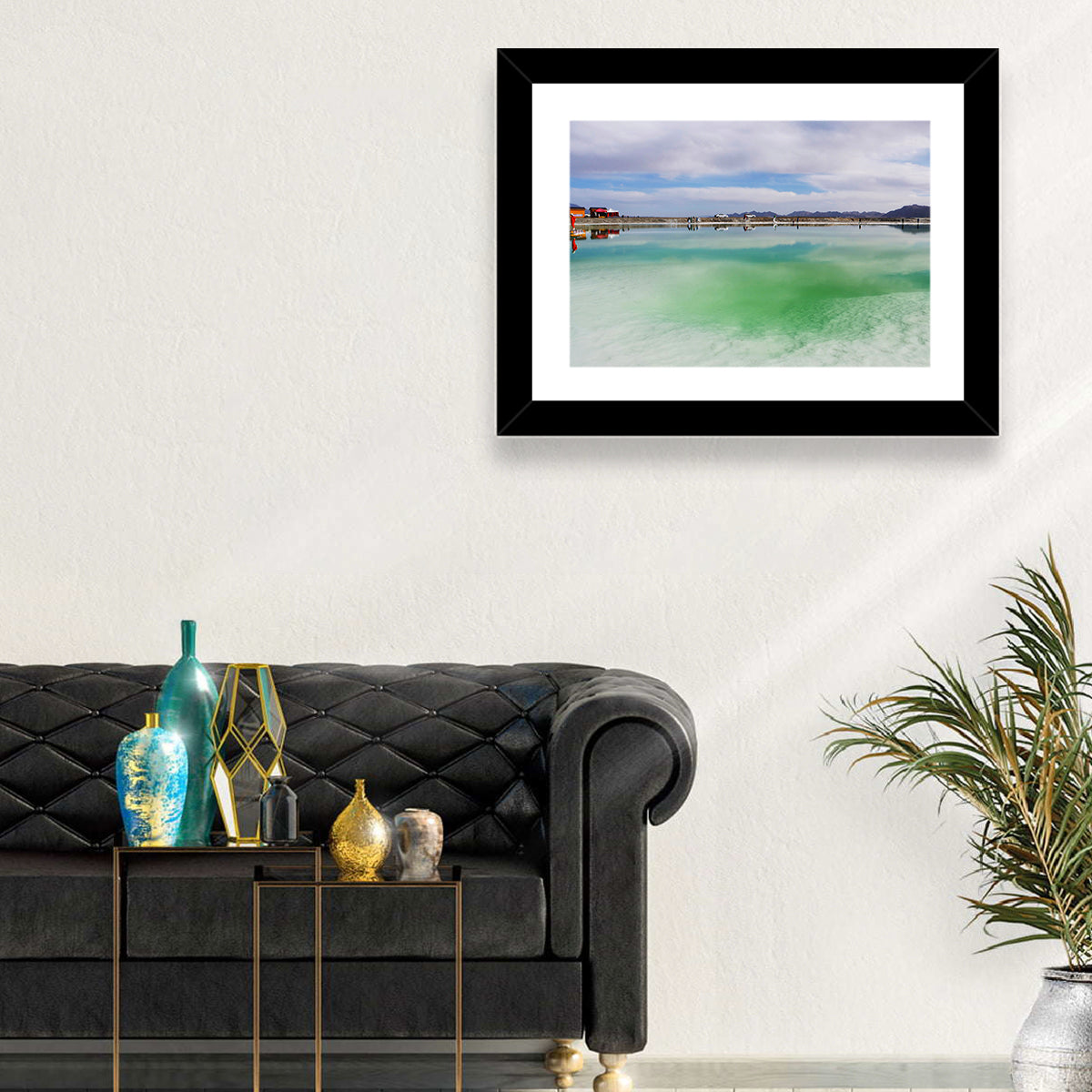 Emerald Salt Lake Wall Art in a room, landscape