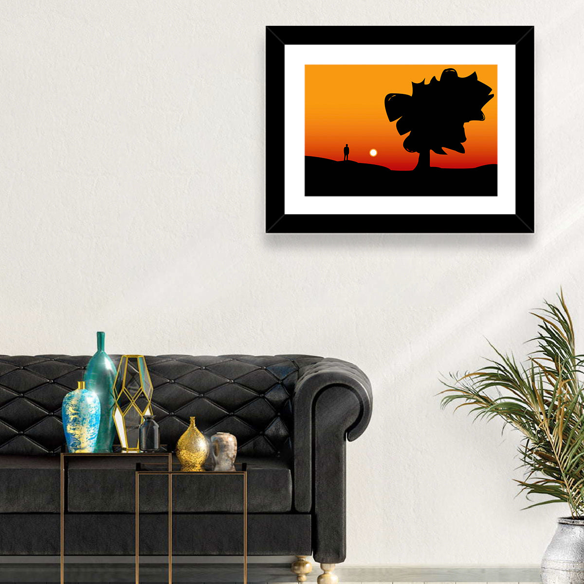 Solitary Sunset Silhouette Wall Art in a room, landscape