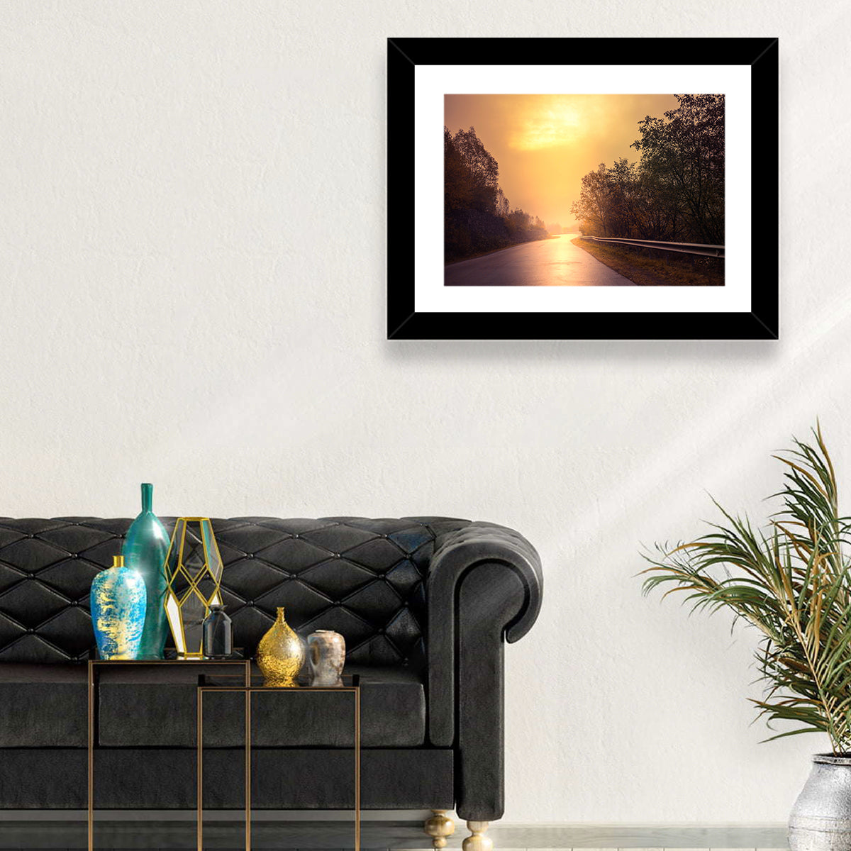 Windy Misty Forest Road Wall Art in a room, landscape