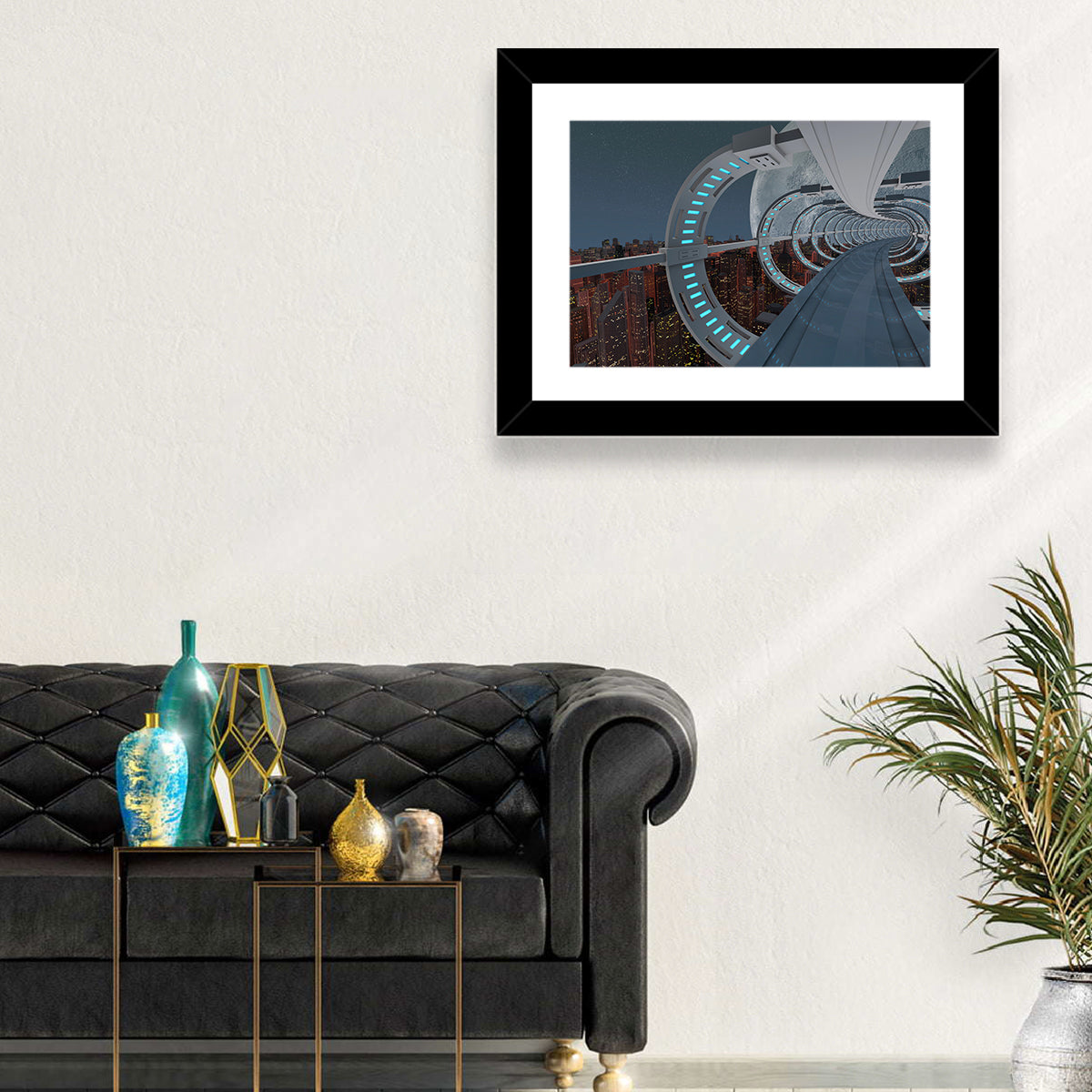 Futuristic City Tunnel with Moon Wall Art in a room, landscape