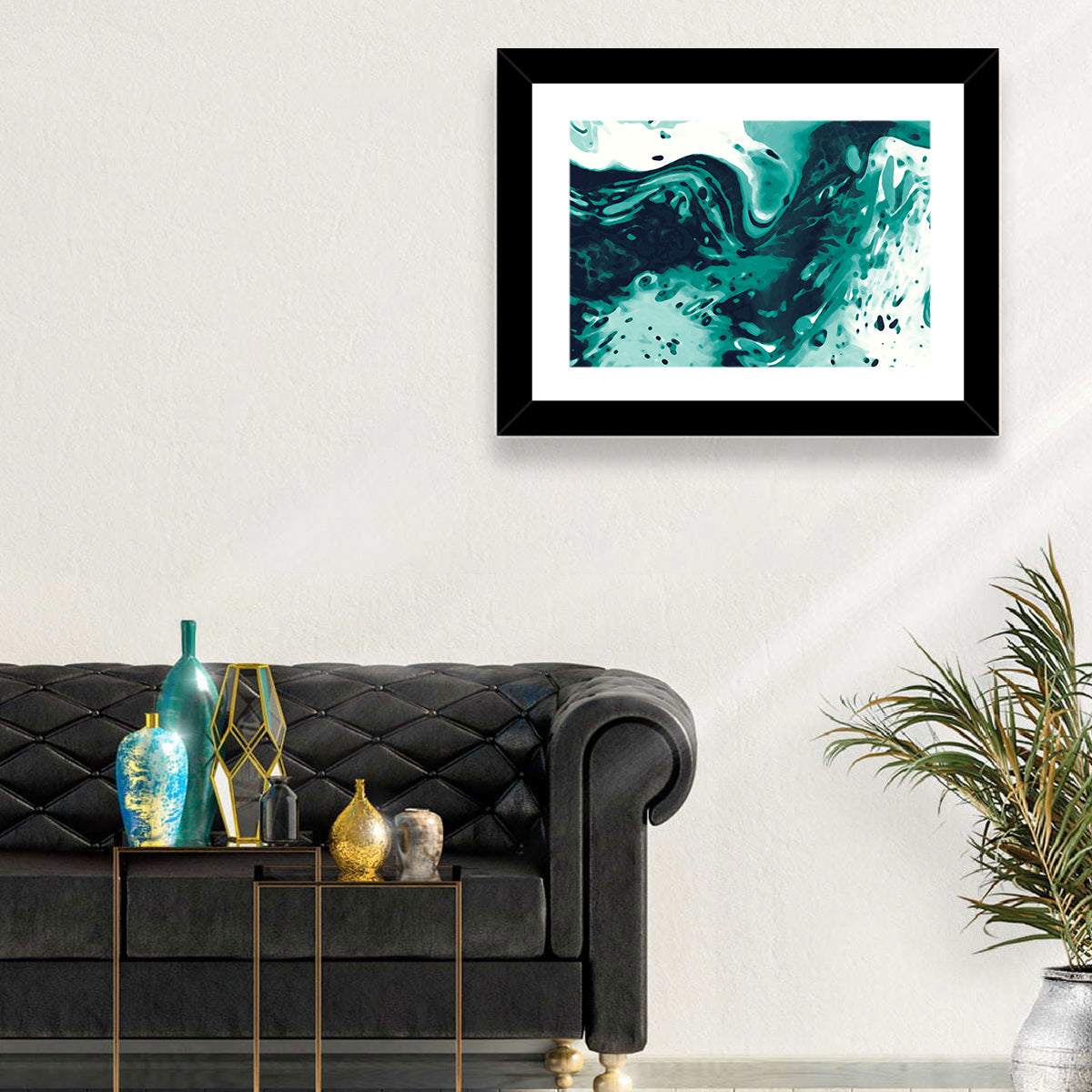 Teal Wave Abstract Wall Art in a room, landscape