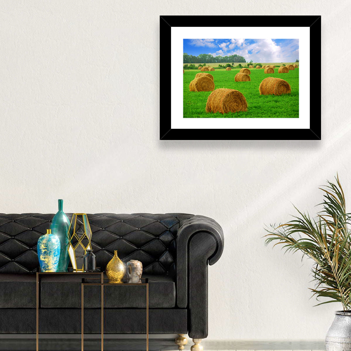 Golden Hay Bales in Green Field Wall Art in a room, landscape