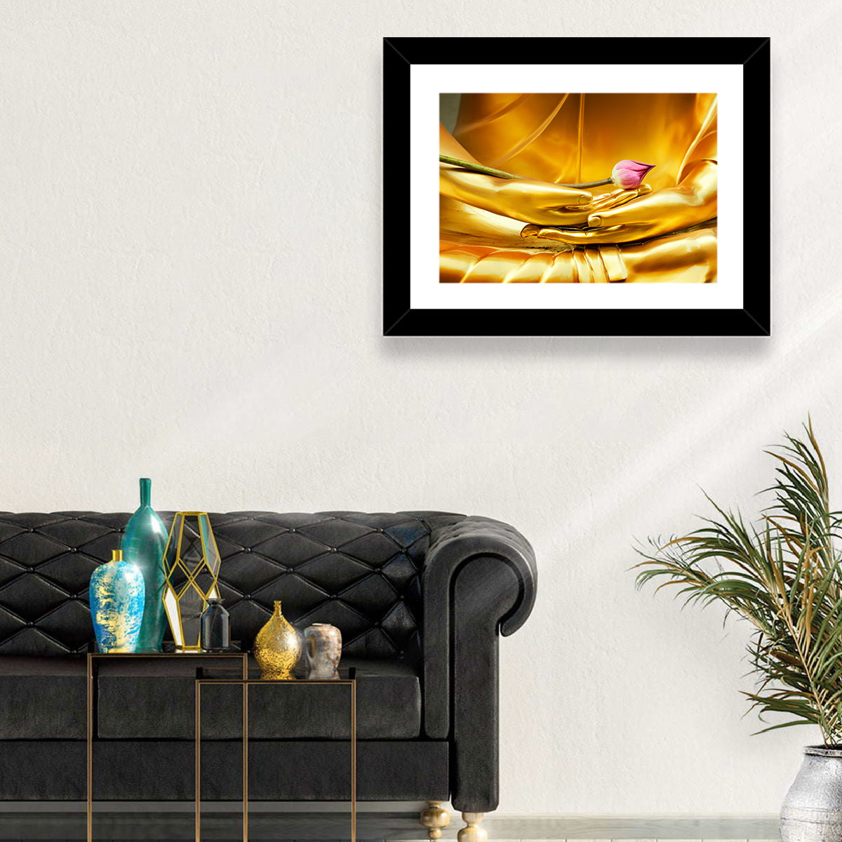 Buddha Hands with Lotus Wall Art in a room, landscape