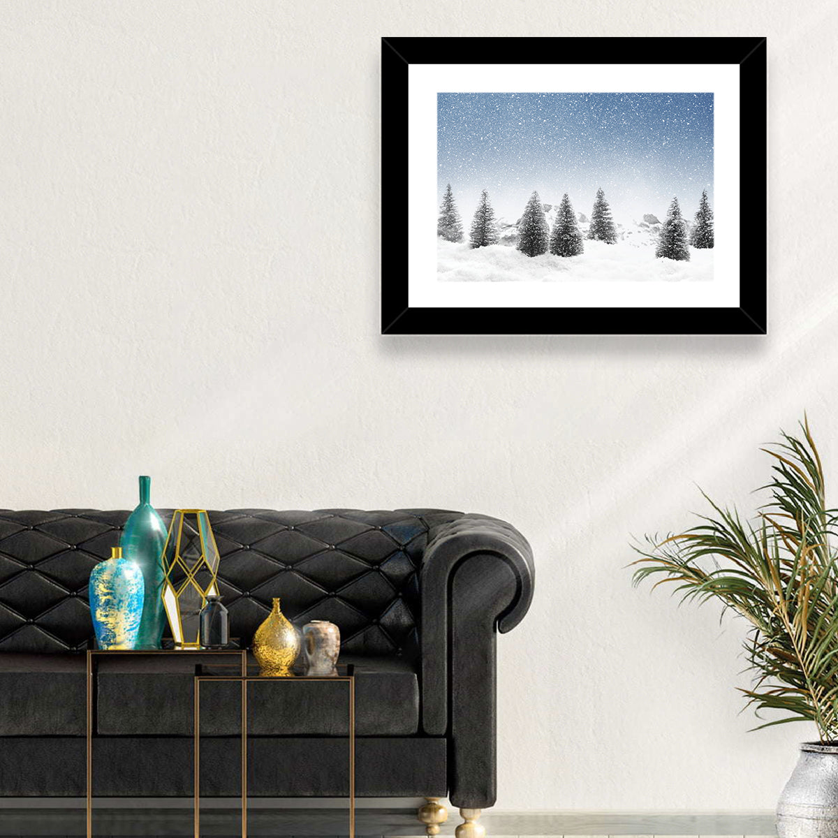 Winter Pine Trees Landscape Wall Art in a room, landscape